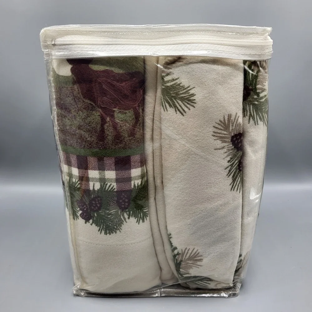 Woolrich Flannel Sheet Set Queen 4pc Moose Mountain Cabin Scenic Cream Green Red